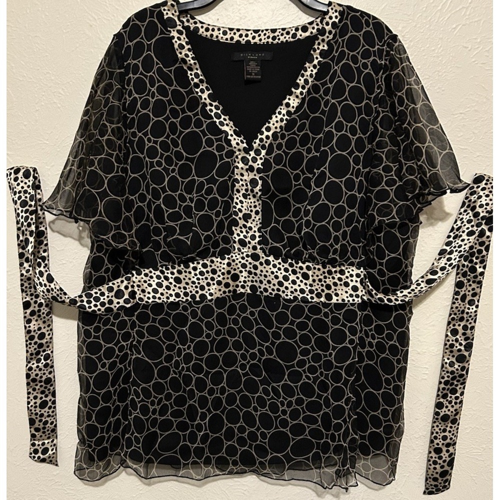 Womens 1X 100%‎ Silk Babydoll Tieback Top Geo Dots Semi Sheer Wimsygoth Silkland